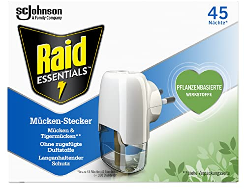 Raid Essentials Mückenstecker 45 Nächte, Elektrischer Insekten-Schutz vor Mücken & Tigermücken, mit pflanzlichen Wirkstoffen, geruchsneutral, 1er Pack (1 x 32 ml)