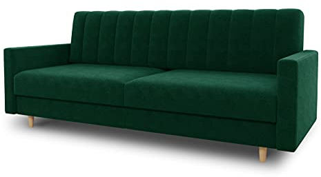 Schlafsofa Sara - Sofa mit Schlaffunktion und Bettkasten, Bettsofa mit Wellenfeder, Schlafcouch mit Holzfüße, Couch vom Hersteller, Couchgarnitur, Velours (Grün (Kronos 19))