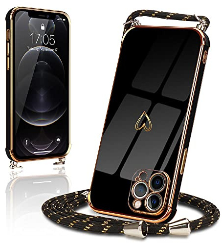 Micoden Handykette für iPhone 12 Pro Max Hülle Necklace mit Band Herz | Kameraschutz Handyhülle Herz Design Galvanik Dünn Silikon Case Bumper Kordel zum Umhängen Stoßfeste Schutzhülle, Schwarz