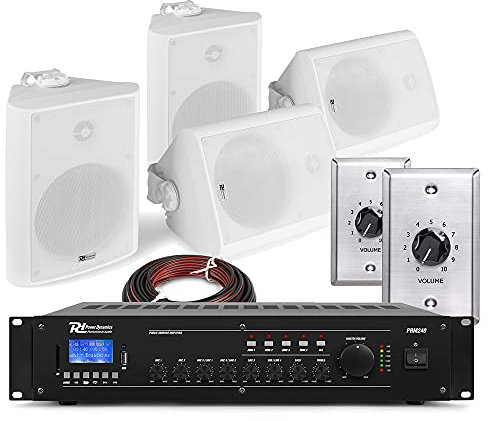 Power Dynamics 2-Zone Wall Mounted Audio System with Mixer Amplifier, Bluetooth, Weatherproof IP56 Outdoor Speakers & Volume Control - 4x White BC65V Speakers