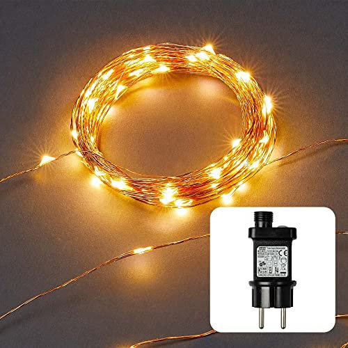 hellum LED-Lichterkette außen Kupferkabel 100 bernsteinfarbene LED beleuchtet 19,8m Lichterkette Timer+Trafo+Aufrollhilfe Kinderzimmer Garten Balkon Party Hochzeit Weihnachten Innen+Außen 578898