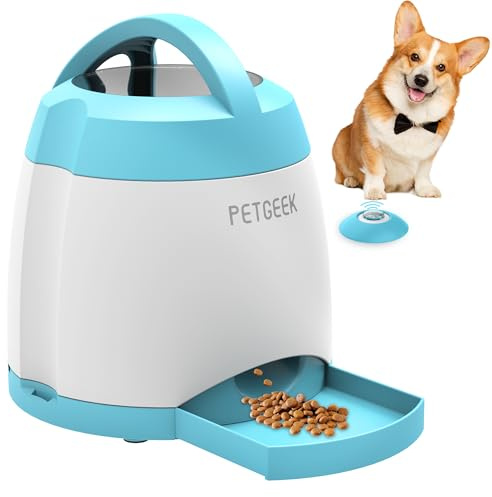 PETGEEK Interactive Dog Treat Dispenser and Puzzle Toy With Automatic Feeder, Dual Power Supply and Remote Control for Indoor or Outdoor Play (Blue)