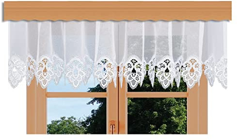 Querbehang Jette mit Vogtländischer Spitze in weiß | klassischer Dekobehang mit Ornament-Spitzenkante und Sablé | wunderschöne Blumengardine handgefertigt | Volant - Höhe x Breite 30 x 250 cm