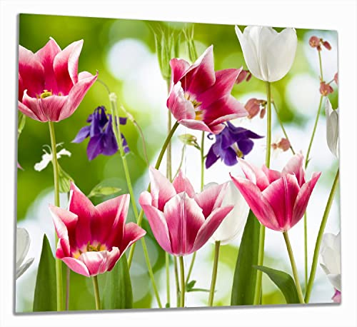 Wallario Herdabdeckplatte/Spritzschutz aus Glas, 2-teilig, 60x52cm mit 13mm hohen Füßen, für Ceran- und Induktionsherde, Blühende Blumen im Frühling in pink und weiß