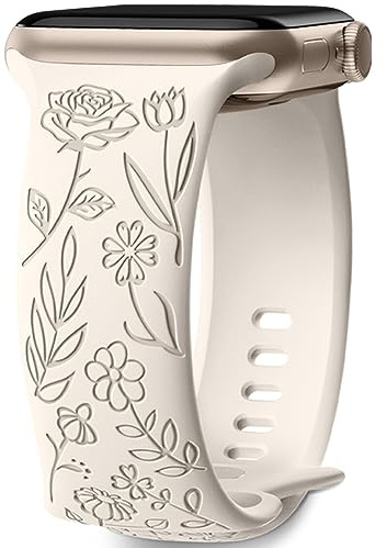 Mastten Floral Engraved Strap Compatible with Apple Watch Straps 40mm 41mm 42mm 38mm Women, Soft Silicone Elegant Rose Floral Band for iWatch SE 3 2 1 Series 11 10 9 8 7 6 5 4 3 2 1, Starlight