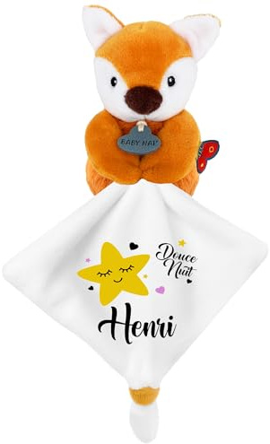 KDO MAGIC - Personalisiertes Schmusetuch - Personalisiert mit einem Namen - Anpassbares Geschenk für Kinder - Geschenkidee zur Geburt, Baby, Geburtstag, Taufe (Motiv: Gelben Stern, Fuchs)