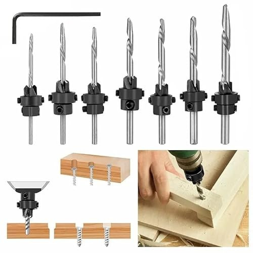 7PCS Countersink Drill Bit Set, Counter Sink Drill Bit Set with Stop Collar, High Speed Steel Carpentry Bit Set for Woodworking Chamfer End Milling Hole, 1 Free Hex Key Wrench Attached