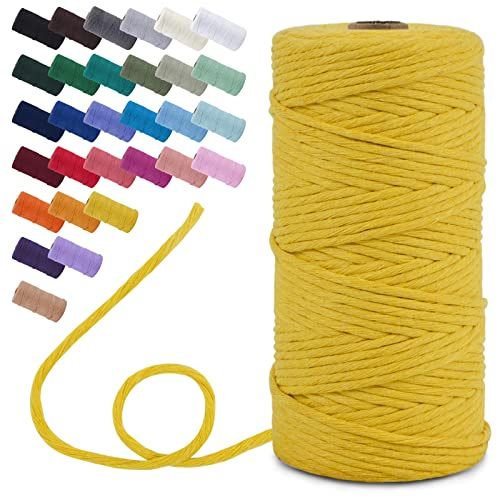 Uiopa Makramee Garn 3mm x 100m, Einzelstrang Baumwollkordel Natur Baumwoll Baumwollseil, Baumwollgarn, Baumwollschnur für Makramee Wandbehang, Hängepflanze, Hochzeitsbogen (Zitronengelb)