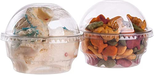 Suki's Imports 100 x 6oz Clear Plastic Cups for Ice Cream, Dessert Cups, Snack Bowl Tub with Dome Lids No Hole Heavy Duty with Grip Heavy Duty Disposable Take Out Ice Cream Cups (6oz)