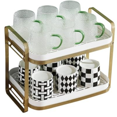 CYEAH 2-Tier Cups Mugs Drying Rack with Removable Drain Tray, Multi-Functional Storage Organizer Shelf, Kitchen Countertop Tray for Water Coffee Glass Cup Bowls Food and Seasoning Jar Holder
