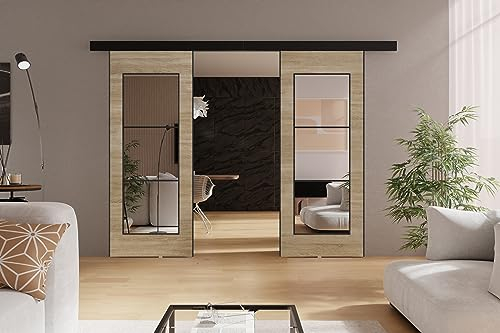 KIER FURNITURE TORI DUO Schiebetür - Schiebetür Komplettset Schiene Komplettset Mit Tür – Zimmertüren Mit Zarge Komplett - B192xH205xT1,6 cm - Sonoma-Eiche
