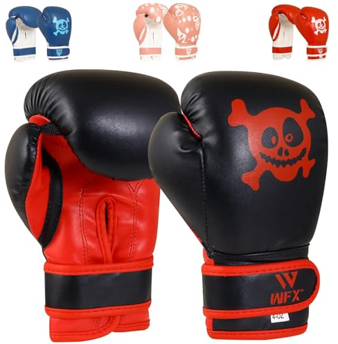 WFX Kids Boxing Gloves 4oz, 6oz Professional MMA Sparring Junior Muay Thai Gloves Kickboxing Punch Bag Training Fighting for Young Fighters (Black, 4-OZ)