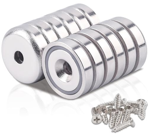 Neodym Magnete Extra Stark, 20mm 10KG Kraft Scheiben Magnete mit Kapsel, Magnete Stark Topfmagnet mit Loch, Senkkopf-Topfmagnet mit Schrauben und Stahlkissen für Küchen, 12Stück