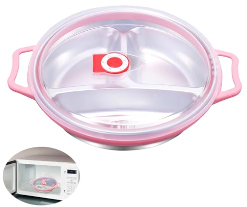 RHBHY Assiettes Compartiment plateau Repas Enfant 22CM Assiette en Acier Inoxydable avec Couvercle Assiette 3 Compartiments Sans BPA - Passe au Lave-Vaisselle et Au Micro-Ondes (Rose, 22CM)