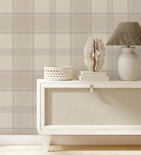 GAULAN 500682860 - Vinyltapete, Strapazierfähig, Abwaschbar. Vinyl-Tapete mit schottischem Karomuster in Leinenoptik mit Relief in Naturfarbe für Wohnzimmer - Muster DIN A4