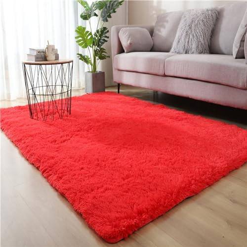 Lifup Hochflor Teppich Wohnzimmer Schlafzimmer, Shaggy Weich Fellimitat, Modern Flauschiger Home Teppich Rot 2 200 x 300 cm