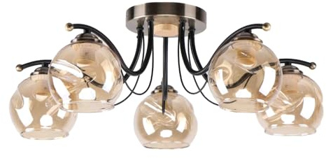 TEKLED Amber Glass Dome Black and Antique Brass Metal Semi Flush Ceiling Light | E27 Fitting | Elegance Design Decorative Lighting | For Living Rooms Dining Halls Hallways | 5 Lamp (Bulb not Included)