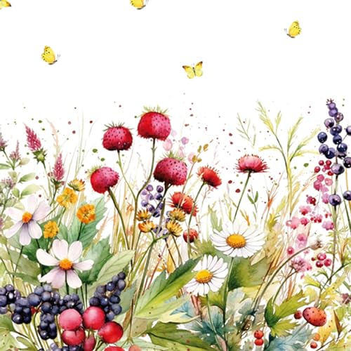 20 Servietten Blumen, Garten & Natur Wiese mit süßen Beeren als Tischdeko. Papierservietten mit Motiv. Auch für Decoupage und Serviettentechnik 33x33cm