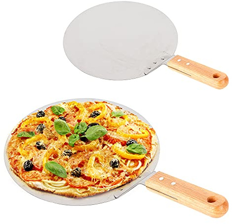 Salmeee Pelle à pizza en acier inoxydable - Diamètre : 25,5 cm - Avec poignée en bois - Pour pizza, tartes flambées et pain