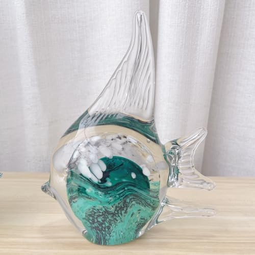DECRZPB Glasfigur grüner Fisch tropischer Fisch handgefertigt Briefbeschwerer aus geblasenem Kristallglas Glasurkunst für Tischdekoration Heimdekoration