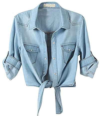 DGZTWLL Oberteil in Übergröße für Damen, Blusen zum Binden, 3/4-Jeans, Denim-Hemd, Knoten, bauchfreie Jacke, Knopfleiste