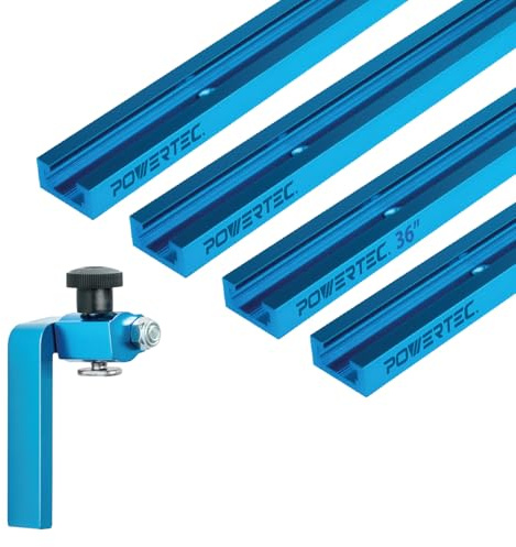 POWERTEC 72141 Universal-T-Schiene mit 1 Stück 7,6 cm T-Schiene, Flip-Stopp für Holzbearbeitung, Doppelschnitt-Profil, T-Schiene mit Zaun-Flip-Stopp