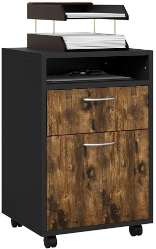 HOMCOM Schedario da Ufficio con Cassetto, Armadietto, Ruote a Freno e Ripiano Aperto, Cassettiera Ufficio per Lettera/Legale/Formato A4, Armadio Verticale per Studio, 40x35x60 cm, Marrone e Nero