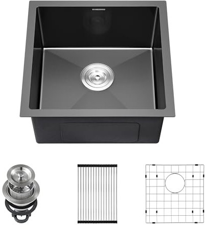Black Kitchen Bar Sink Undermount, SINKVINE 18 Inch PVD Nano Stainless Steel Outdoor and Indoor Sink for Laundry RV, Deep Single Bowl with Drain Strainer, Bottom Rise Grid, Roll-up Drying Unit, 18x18