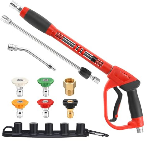 Tool Daily Pressure Washer Gun with Replacement Wand Extension, 47 Inch | 30 Degree Curved Rod, 5 Power Washer Nozzle Tips with Holder, M22 Fittings, 5000 PSI, Not Compatible with GardenHose
