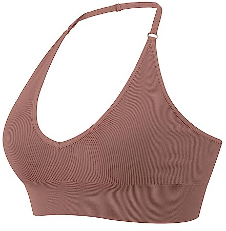 2025 - Sujetador deportivo con cuello halter para mujer, sin espalda, cuello en V profundo, sujetador deportivo, acolchado, sexy gimnasio, push-up, sin espalda, tirantes ajustables, marrón, S