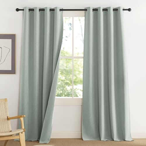 PONY DANCE Light Green Thermal Blackout Curtains 52x90 Inch 2 Panels - Luxury Linen Feel 100% Light Blocking Sound Absorbing Eyelet Drapes