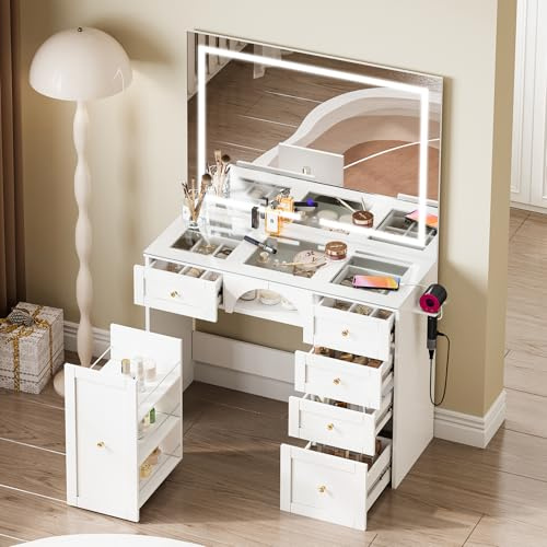 Hadwin Dressing Table with Adjustable 3 Colour LED Lighting & Sockets | Transparent Glass Top Vanity Makeup Desk with 5 Drawers, Storage Trolley and Jewellery Organiser for Bedroom, White