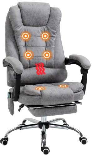 Vinsetto Bürostuhl mit Massagefunktion, Liege- & Wärmefunktion, Grau | Ergonomisch Schreibtischstuhl, Fußstütze, Höhenverstellbar Computerstuhl, Seitentasche, Fernbedienung, Mikrofaser