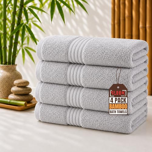 Luxury 700 GSM Bamboo Bath Towels (70x130cm) – Pack Of 4 – Soft & Super Absorbent Terry Weave – Hypoallergenic & Antibacterial Bathroom Towels – Ideal shower towel for Homes, Hotels & Spa (Light Grey)