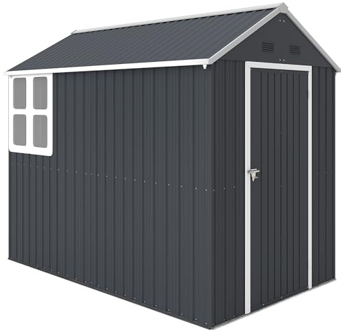 Outsunny Geräteschuppen 4㎡ mit Fenster 259 x 172 x 222 cm in Dunkelgrau | Stahl Gartenhaus, Abschließbares Gerätehaus, Gartenschrank, für Terrasse, Balkon