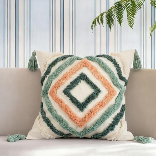 YULUOSHA Dekorative Boho Kissenbezug,Boho Kissen Beige Deko Baumwolle Dekokissen Marokko getuftete Kissenhülle Kissenbezüge Quaste für Sofa Schlafzimmer Wohnzimmer Dekor (Grün)