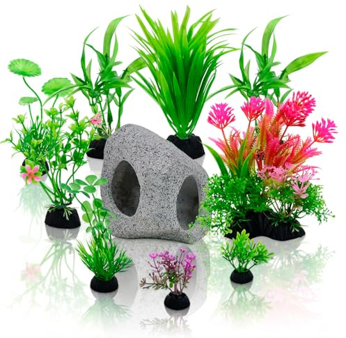 Griwuut Accessori per Acquario Piante per Acquario, 10 pezzi Piante Artificiali in Plastica Decorazioni per Acquario e Set Decorativo Roccia Grotta, Decorazioni Acquario per Acquari