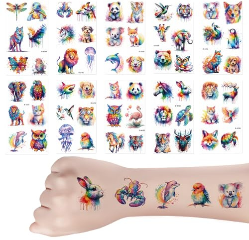 60 Stile Tiere Tattoos für Kinder, 10 Blätter Kindertattoos Hautfreundlich | Wasserfarben Temporär Tattoos für Mädchen Junge,Geburtstags Party Deko