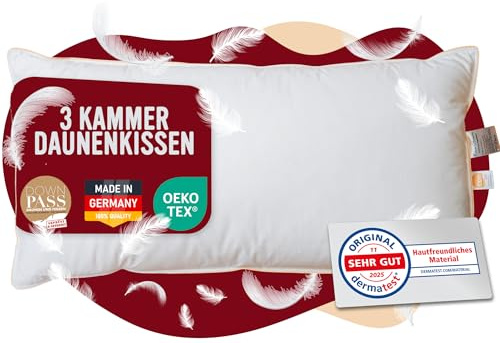 EVAN BROWNS 3-Kammer Daunenkissen 40×80 Made in Germany | Stützender Federkern • Weiche Federn & Daunen • 100 % Baumwollbezug • DOWNPASS