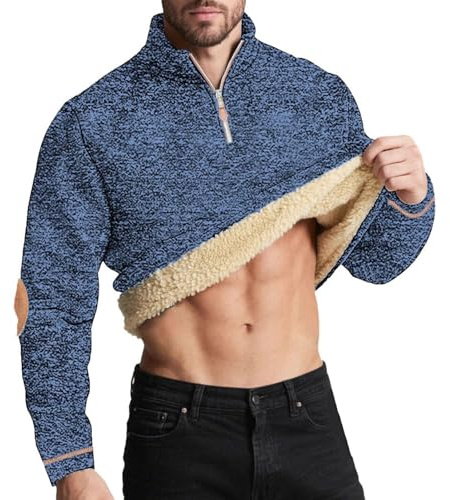 UHouse Herren Sweatshirt Gefüttert Winter Fleece Pullover mit Zip Dicke Sweatshirts Warm Arbeitspullover Stehkragen Winterpullover Freizeit Wollpullover Einfarbig Fleecepullover Pulli Marine L