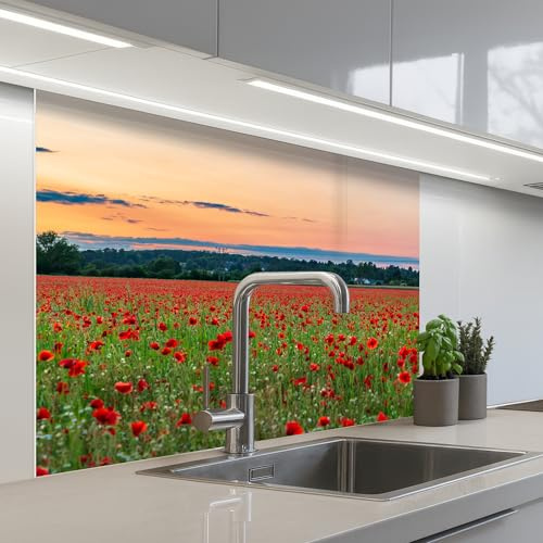 KitchenYeah© Crédence Adhésive Résistant À La Chaleur Protection Mur | 80x100 cm - Cuisine Panneaux Muraux Adhesif Panneau Decoratif Interieur Coquelicots - Paysage - Rouge - Fleurs