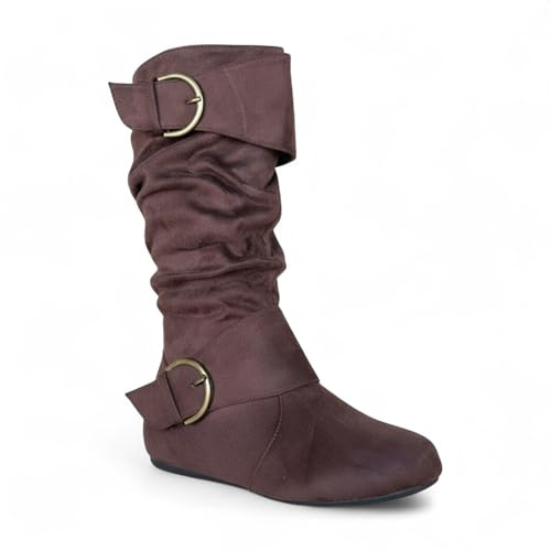 Women Round Toe Buckle w/Side Zip Slouch Flat to Low Heel Mid-Calf Boots, Brown Suede, 6.5