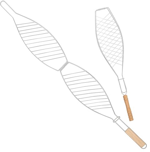 IWOWHERO Set 2 Pezzi Cestello per Griglia Rotondo in Rete con Manico in Legno Clip per Barbecue Pesce Spessa e Sottile Attrezzo per Barbecue Esterno per Grigliare Pesce e Pane