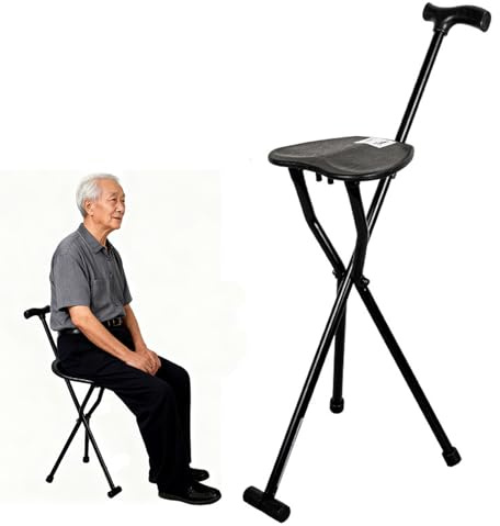 Folding Cane Walking Stick with Seat - 2 in 1 Cane Seat Stool Portable Mobility Aid Chair for Women Man,Lightweight Crutch Stool Walking Canes with Seats for Seniors Elderly, Holding 300lbs Black