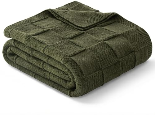 Whale Flotilla Checkered Knit Throw Blanket for Bed, Olive | 150x200 CM, Lightweight Cozy Breathable Throws for Spring Summer, Acrylic Knitted Decorative Blanket for Sofa, Chair Couch