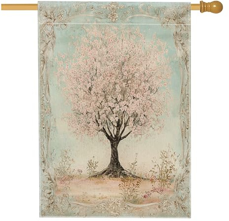 Drapeau de maison d'arbre de cerisier printanier 71,1 x 101,6 cm double face pour décoration extérieure, esthétique vintage, scénique, toile avant, drapeau de maison, motif plante rétro pour jardin