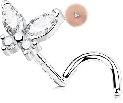 OUFER 20G Corkscrew Nose Stud Sterling Silver 925 Flower/Butterfly/Heart/Star Nostril Ring S-Shaped 7 mm Nose Screw Clear CZ for Women Cute Body Piercing Jewellery