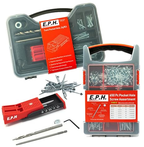 E.P.H. 2 Port Pocket Hole Jig Start kit with 650 Assorted Screws EPH650CASE & ETPHJCC in one kit