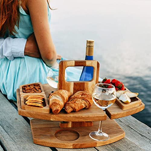 VGEBY Tabla de Quesos de Madera Portátil Bandeja de Frutas de Madera Fuente de para Picnics con 4 Platos de Rejilla 2 Orificios para Copas 2 Orificios para Botellas de Vino
