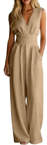 Générique Combinaison Femme Ete Pantalon Large Taille Haute Col V Ensemble Fluide Chic et Elegant pour Travail Soirees avec Poches Pratiques Manches Rabatues
